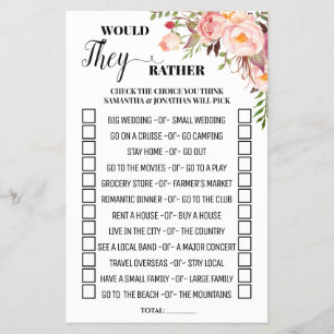 Would They Rather Pink Bridal Shower Game Card Flyer