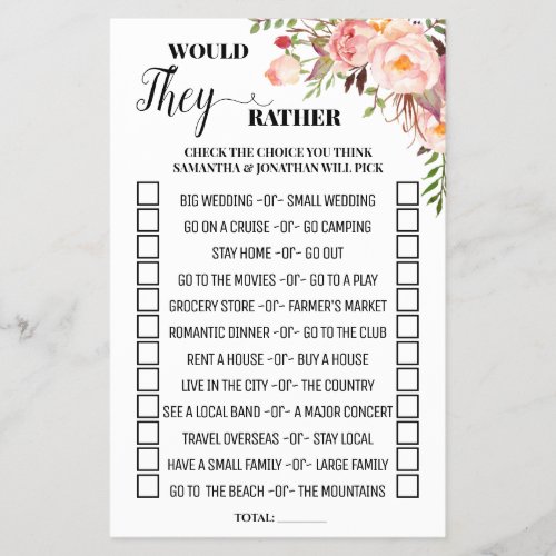 Would They Rather Pink Bridal Shower Game Card Flyer