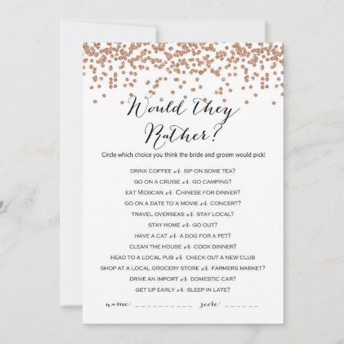 Would They Rather Rose Gold Bridal Shower Game 5x7 Invitation