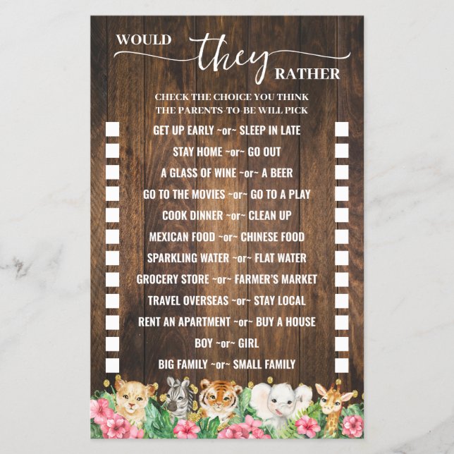 Would They Rather Rustic Pink Safari Game Card Flyer (Front)