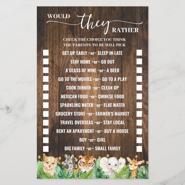 Would They Rather Rustic Safari Shower Game Card Flyer (Front)