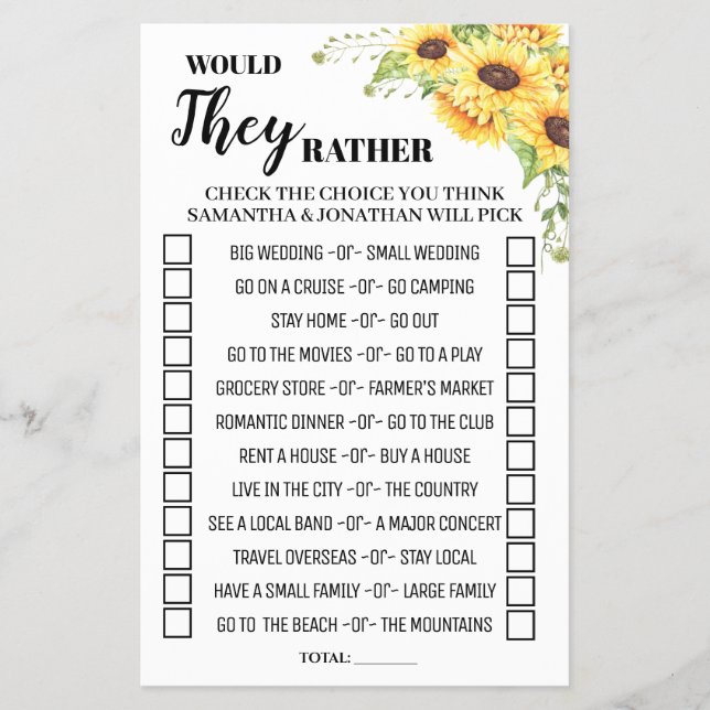 Would They Rather Sunflowers Shower game card Flyer (Front)