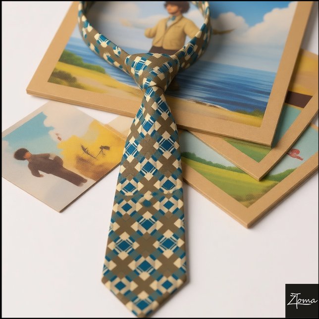 Woven Abstract Teal Tan Diamond Pattern Neck Tie (Creator Uploaded)