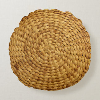 Woven Bast: Textured Brown Authenticity Round Pillow