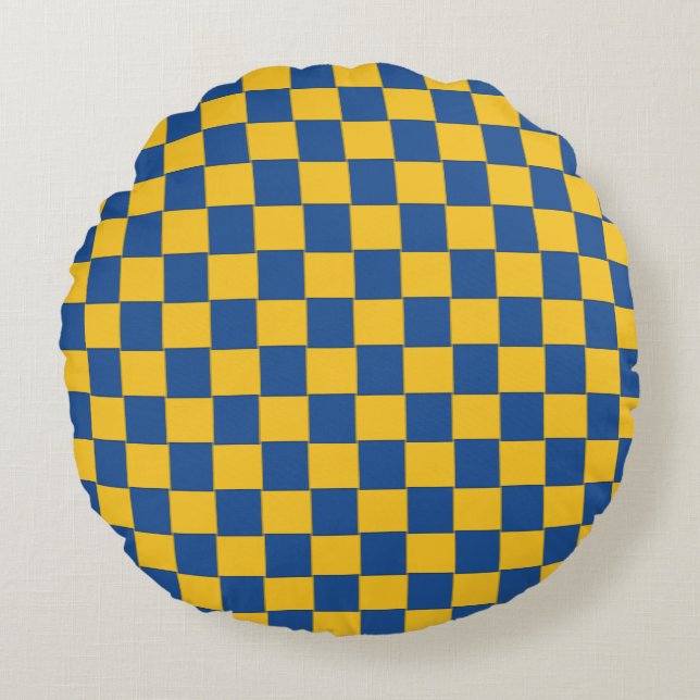 Woven Blue and Yellow Checkered Round Pillow (Front)