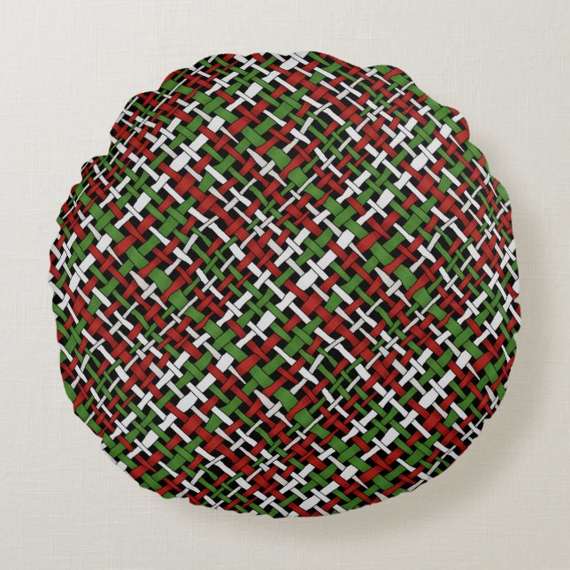 Woven Burlap Graphical Green Red White Round Pillow (Front)