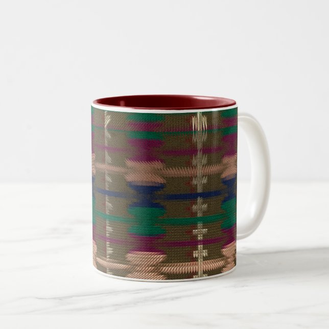 Woven Earth Tones Mug with Deep Red Interior (Front Right)