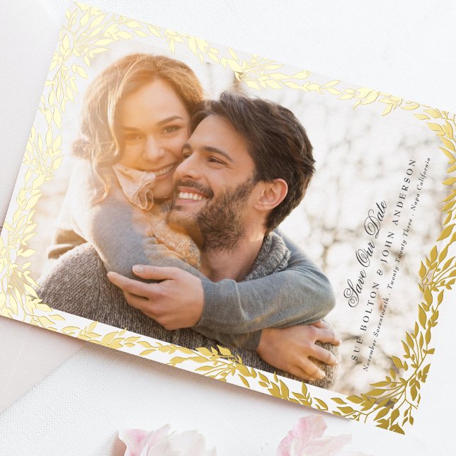 Woven Gold Leaf Frame Photo Wedding Save The Date Foil Invitation (Creator Uploaded)
