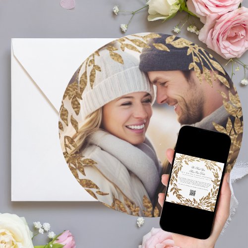 Woven Golden Wreath  Photo QR Code Round Wedding Save The Date