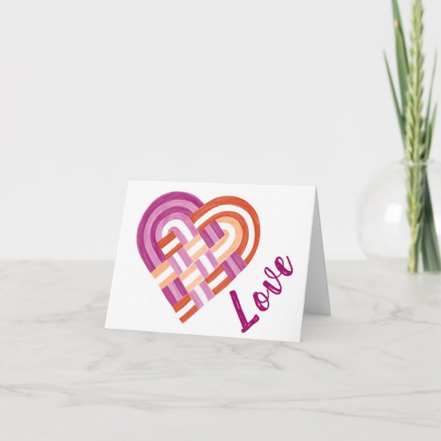 Woven Heart Lesbian Pride Flag Pink Orange Red Note Card (Front)