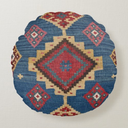 Woven Kilim Colorful Royal Blue Yellow  Round Pillow