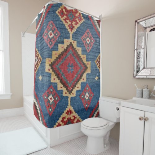 Woven Kilim Colorful Royal Blue Yellow  Shower Curtain