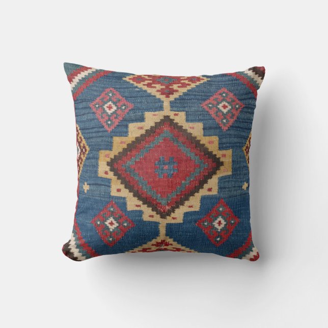 Woven Kilim Colorful Royal Blue Yellow Throw Pillow (Front)