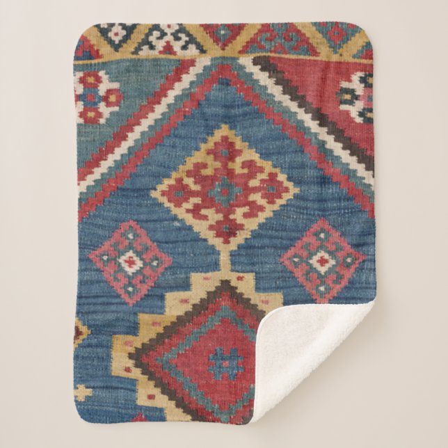 Woven Kilim Royal Blue Yellow Classic  Sherpa Blanket (Front)
