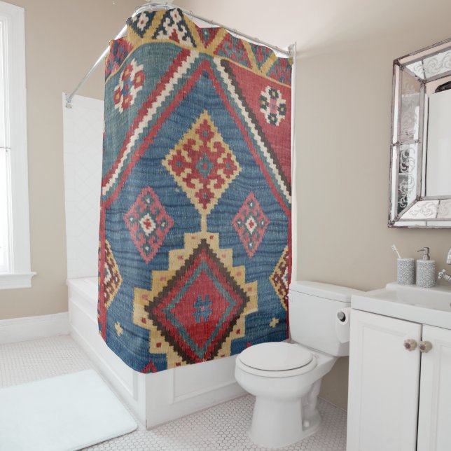 Woven Kilim Royal Blue Yellow Classic  Shower Curtain (In Situ)