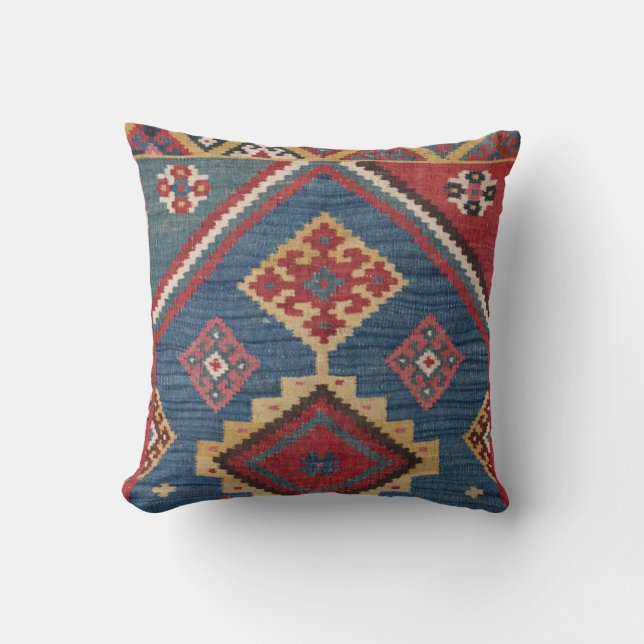 Woven Kilim Royal Blue Yellow Classic Throw Pillow (Front)