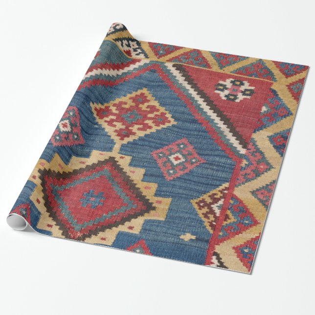 Woven Kilim Royal Blue Yellow Classic  Wrapping Paper (Unrolled)
