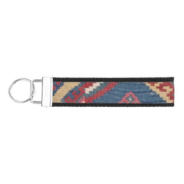 Woven Kilim Royal Blue Yellow Classic  Wrist Keychain (Keys on Left)