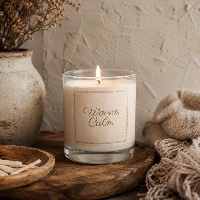 Woven Linen Calm Scented Jar Candle (Soft woven detailing and muted gold script for refined neutral shelf styling)