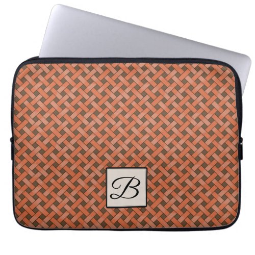 Woven Orange Rattan on Custom Brown with Monogram Laptop Sleeve