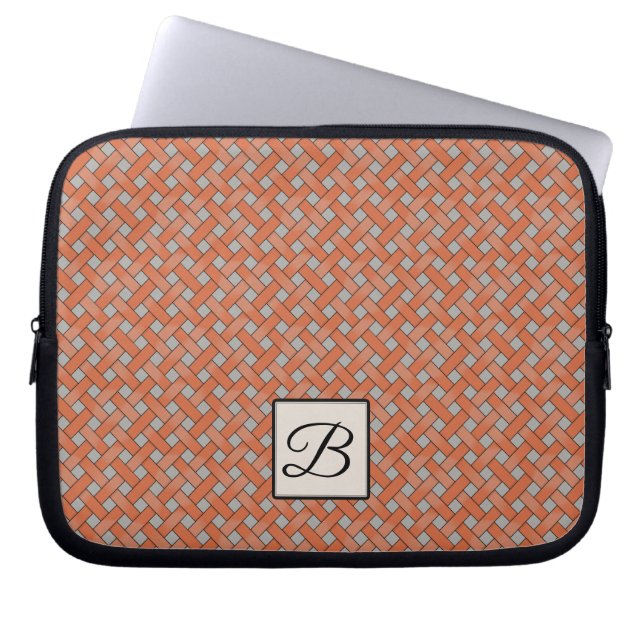 Woven Orange Rattan on Custom Grey with Monogram Laptop Sleeve (Front)