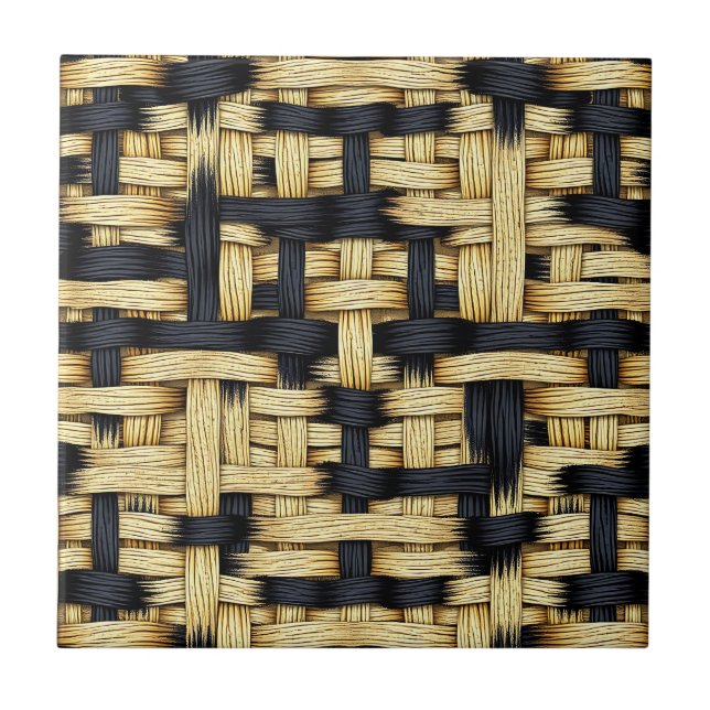 Woven Rattan Basketweave Texture Black Natural  Ceramic Tile (Front)