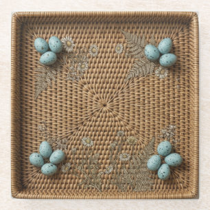 Woven Rattan & Blue Bird Eggs Square Glass Coaster