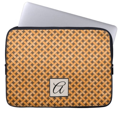 Woven Yellow Rattan on Custom Brown with Monogram Laptop Sleeve