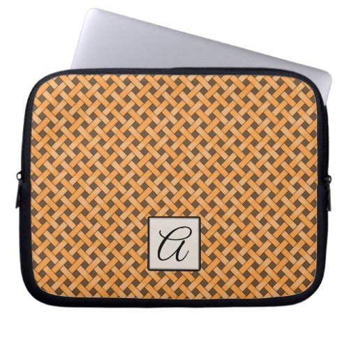 Woven Yellow Rattan on Custom Brown with Monogram Laptop Sleeve