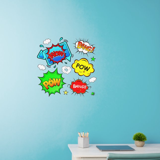 Wow Bang Pow, Red Blue Green Yellow, Pop Art  24" Wall Decal (Home Office)