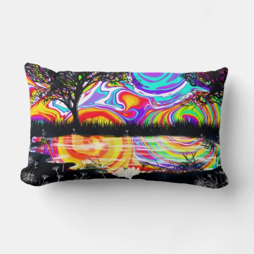 Wow bright psychedelic with black silhouette tree lumbar pillow