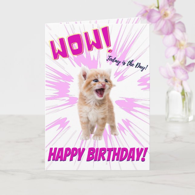 Wow Cute Funny Orange Kitten Birthday Card (Orchid)