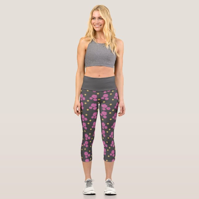 Wow! Elegant dark gray and pink flowers pattern Capri Leggings (Front)