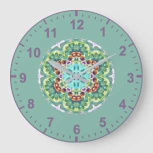 WOW! Fractal Pattern Green, Mauve White and Aqua Large Clock