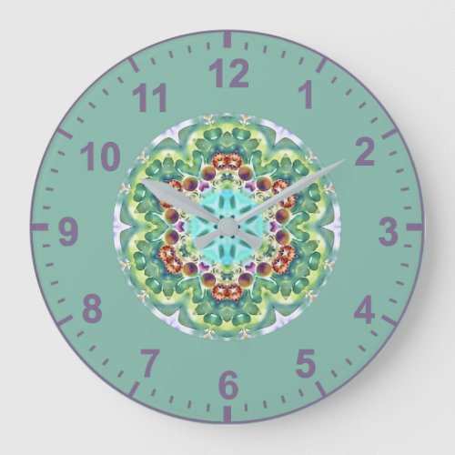 WOW Fractal Pattern Green Mauve White and Aqua Large Clock