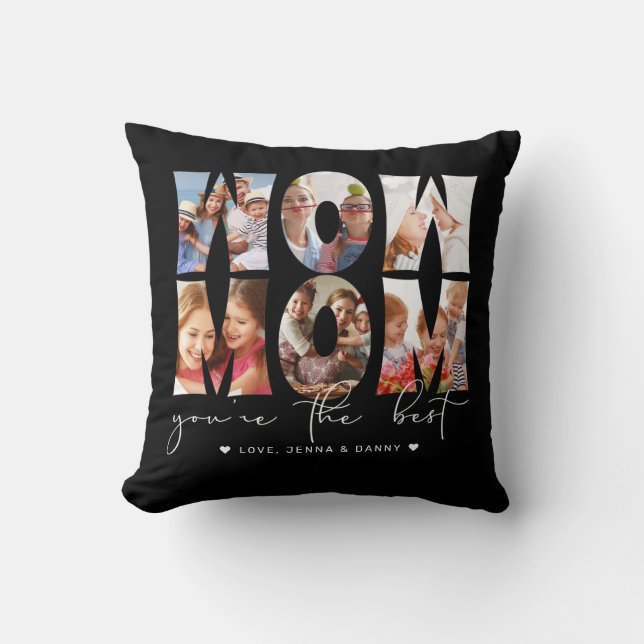 Wow Mom Quote Modern Black 6 Photo Collage Black Throw Pillow (Front)