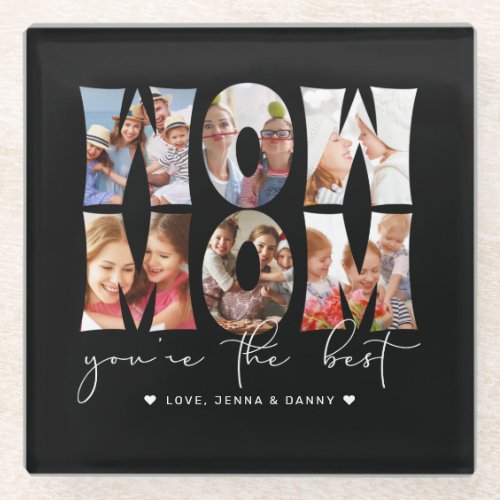 Wow Mom Quote Modern Black 6 Photo Collage Glass Coaster