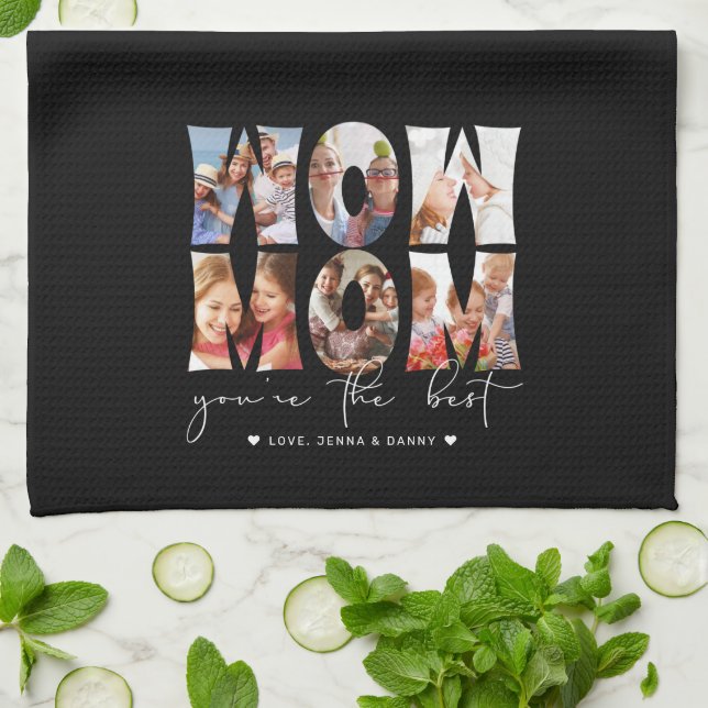 Wow Mom Quote Modern Black 6 Photo Collage Kitchen Towel (Folded)