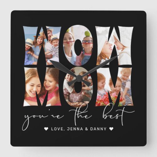 Wow Mom Quote Modern Black 6 Photo Collage Square Wall Clock