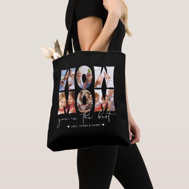Wow Mom Quote Modern Black 6 Photo Collage Tote Bag (Close Up)