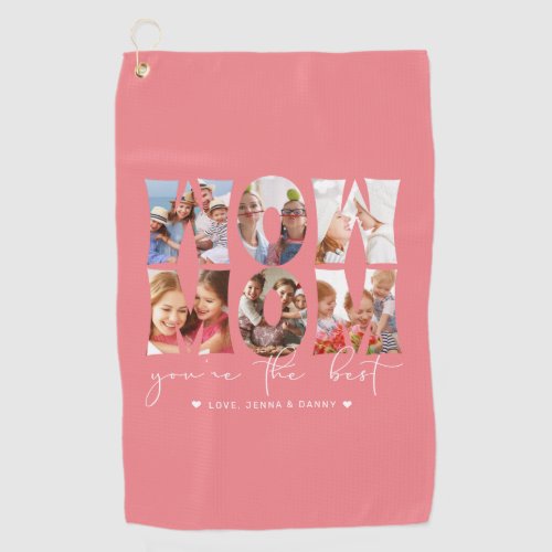 Wow Mom Quote Modern Coral Pink 6 Photo Collage Golf Towel