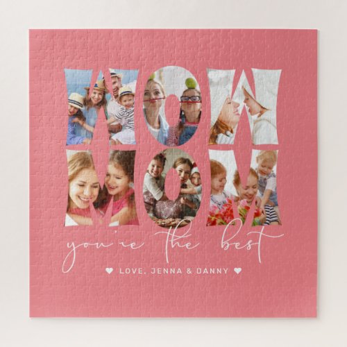 Wow Mom Quote Modern Coral Pink 6 Photo Collage Jigsaw Puzzle