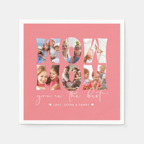 Wow Mom Quote Modern Coral Pink 6 Photo Collage Napkins