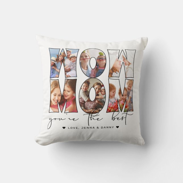 Wow Mom Quote Modern White 6 Photo Collage Throw Pillow (Front)