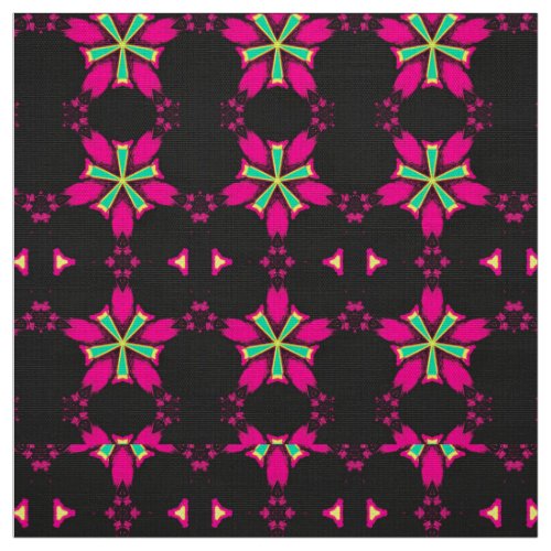 WOW Pink and Green Stars  Black Background   Fabric