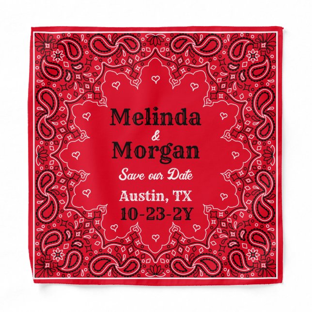 Wow Western Wedding Save the Date Red Cloth Bandana (Front)