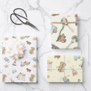 WP Boho   Names on (2) Vintage Toys Wrapping Paper Sheets