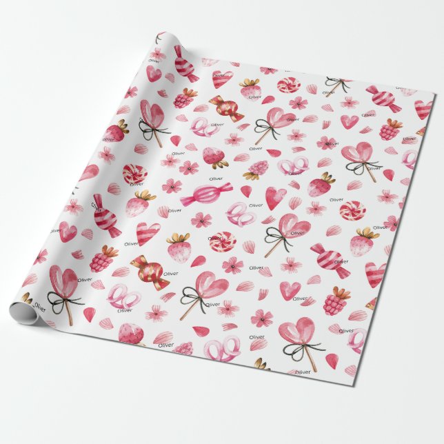 WP | Name, Candy & Hearts 29in by 6ft Valentines Wrapping Paper (Unrolled)