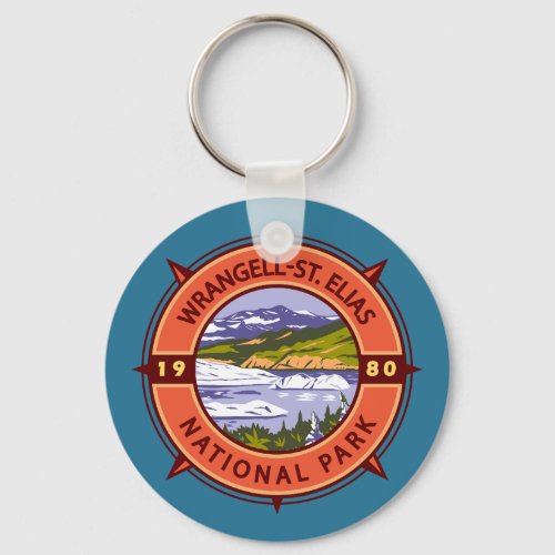 Wrangell St Elias National Park Retro Compass Keychain