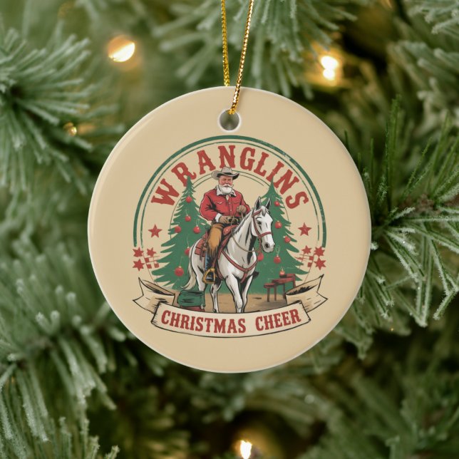 Wrangling Christmas Cheer Cowboy Santa Horse Ride Ceramic Ornament (Tree)